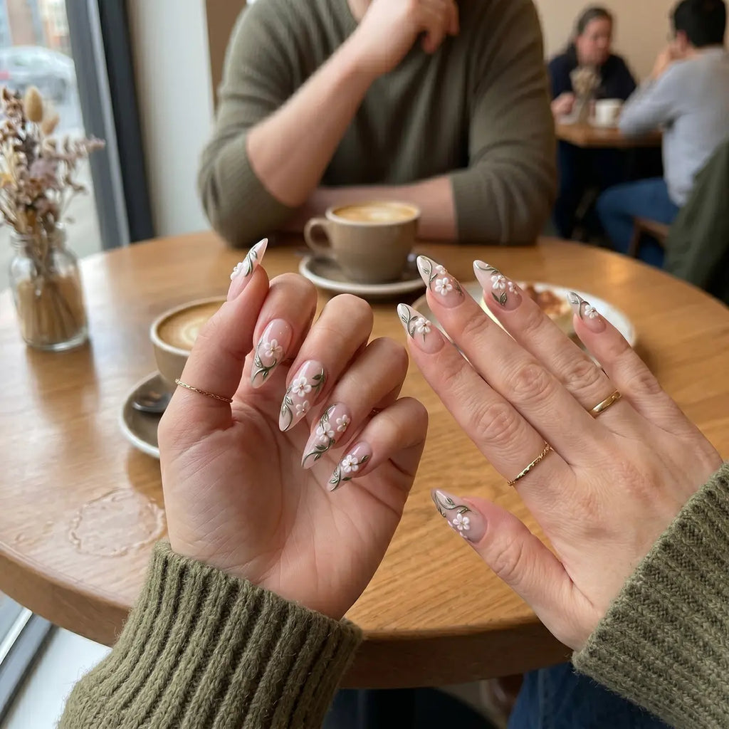 nude pink 3d stiletto long press on nails white flower green leaf detail 03