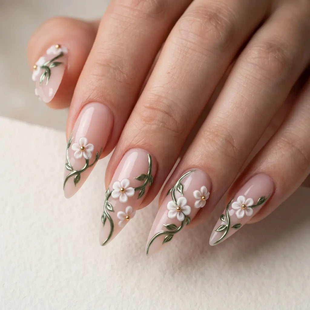 nude pink 3d stiletto long press on nails white flower green leaf lifestyle 02