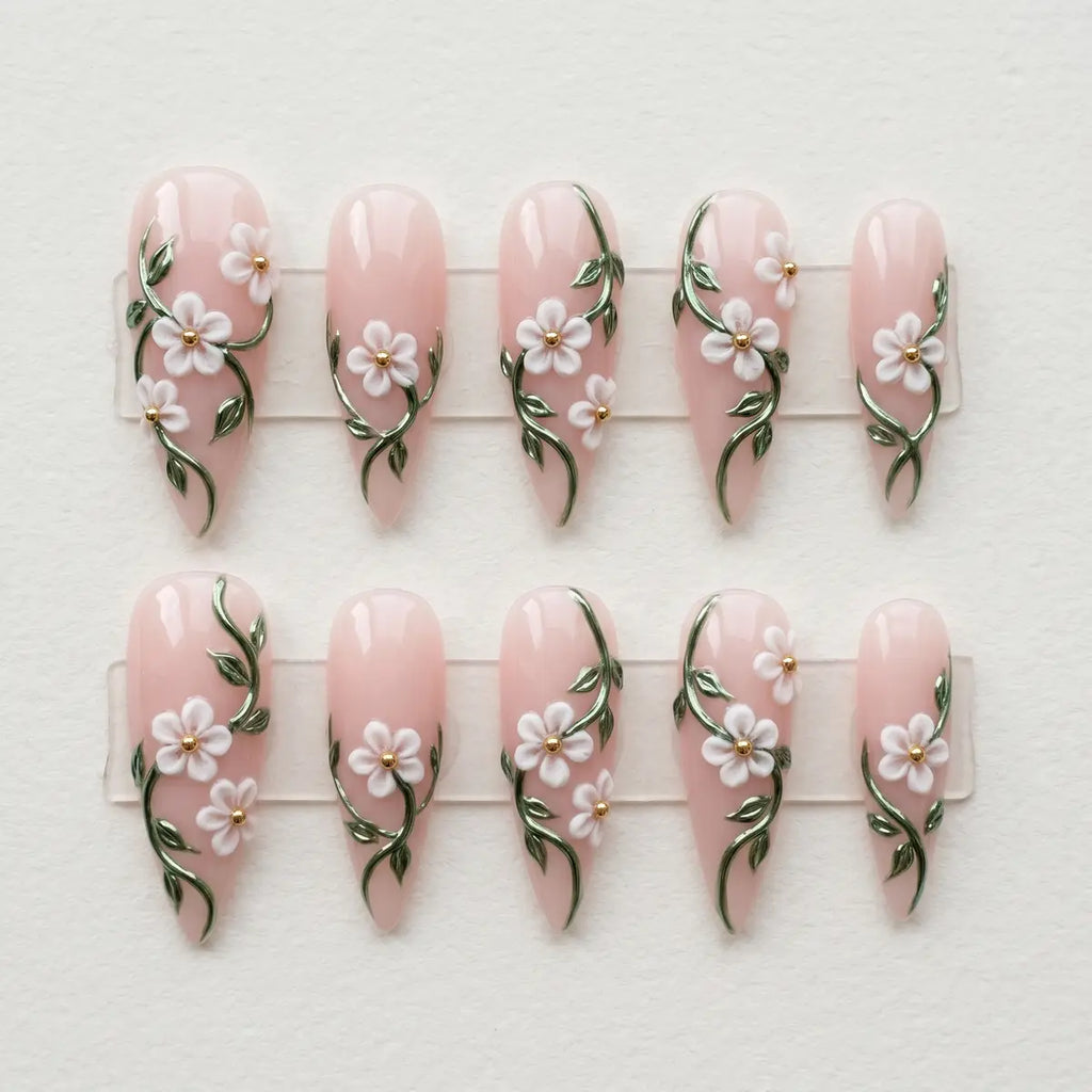 nude pink 3d stiletto long press on nails white flower green leaf mockup 01