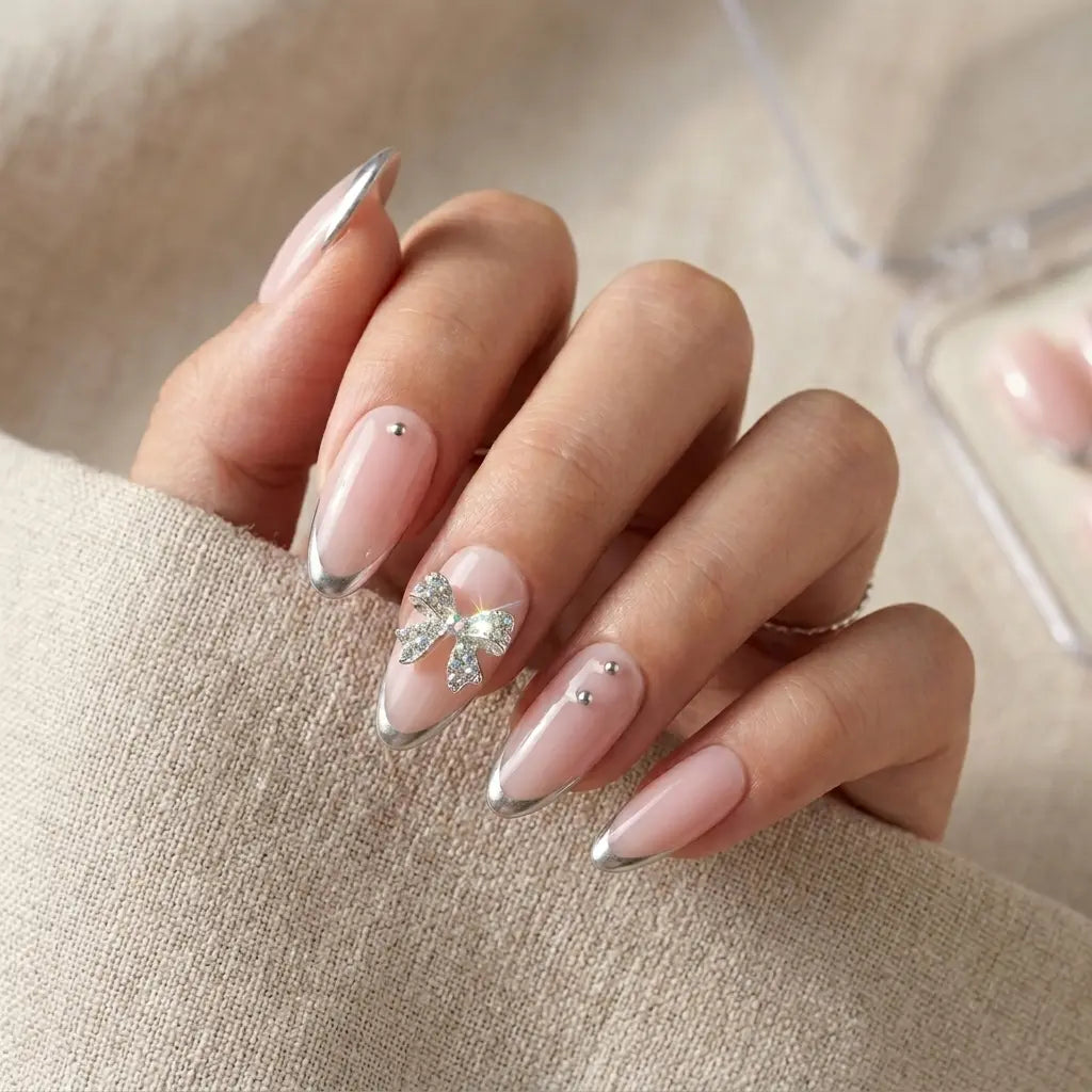 nude pink chrome tip almond press on nails 3d bow stud mockup 01