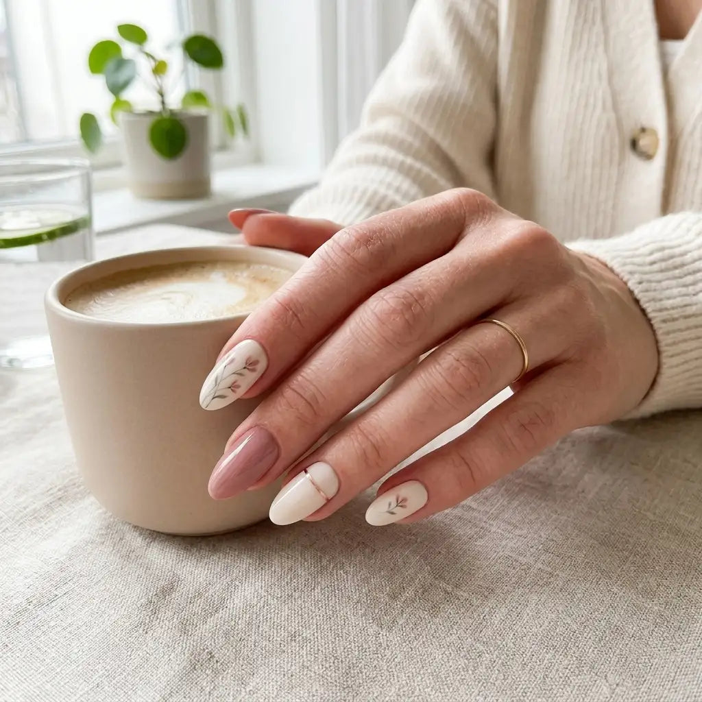 nude pink hand painted almond press on nails floral gold line flat lay 04