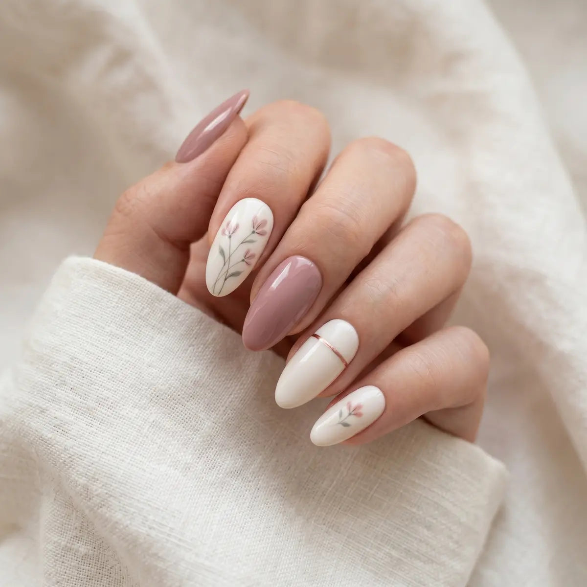 nude pink hand painted almond press on nails floral gold line lifestyle 02
