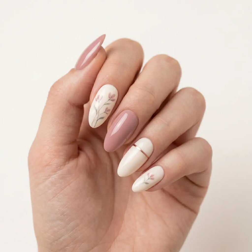 nude pink hand painted almond press on nails floral gold line mockup 01