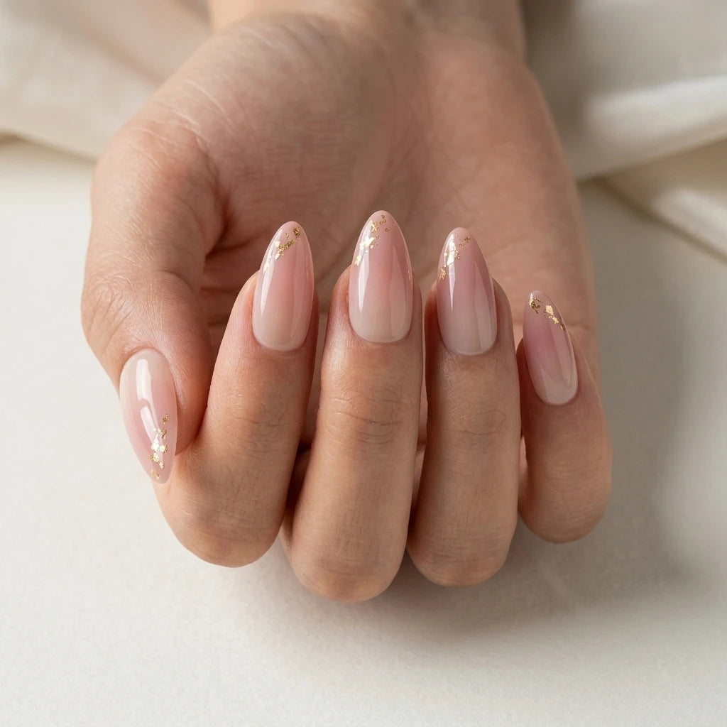 nude pink ombre almond press on nails gold foil detail 01