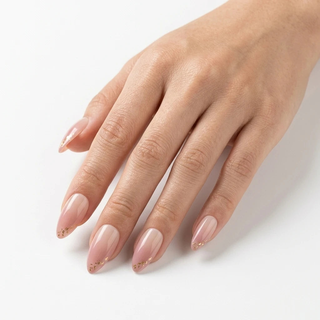 nude pink ombre almond press on nails gold foil lifestyle 01