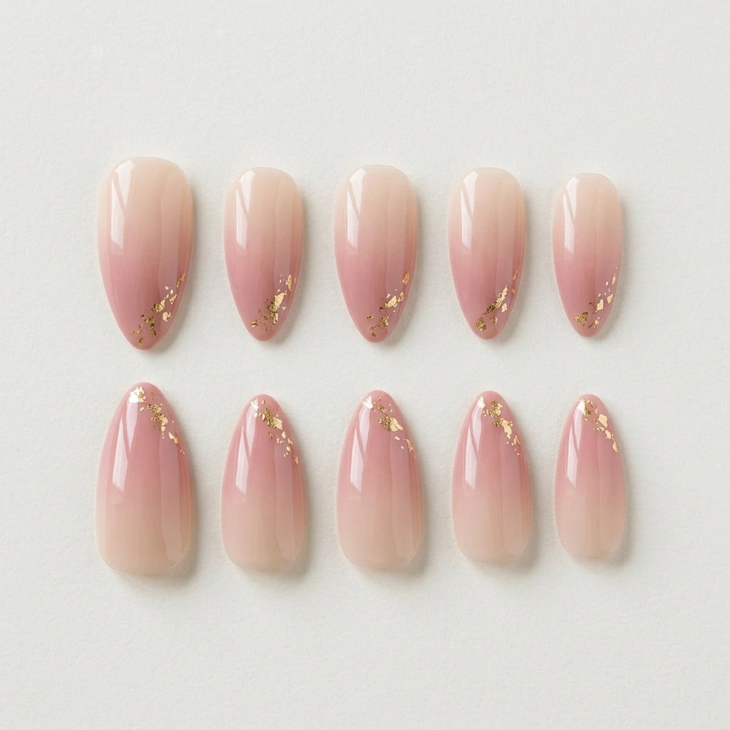 nude pink ombre almond press on nails gold foil mockup 01