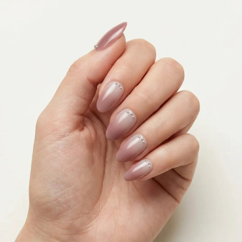 nude pink ombre almond press on nails silver dot mockup 01