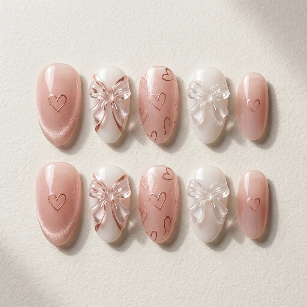 nude pink white 3d chrome almond press on nails ribbon bow heart detail 05
