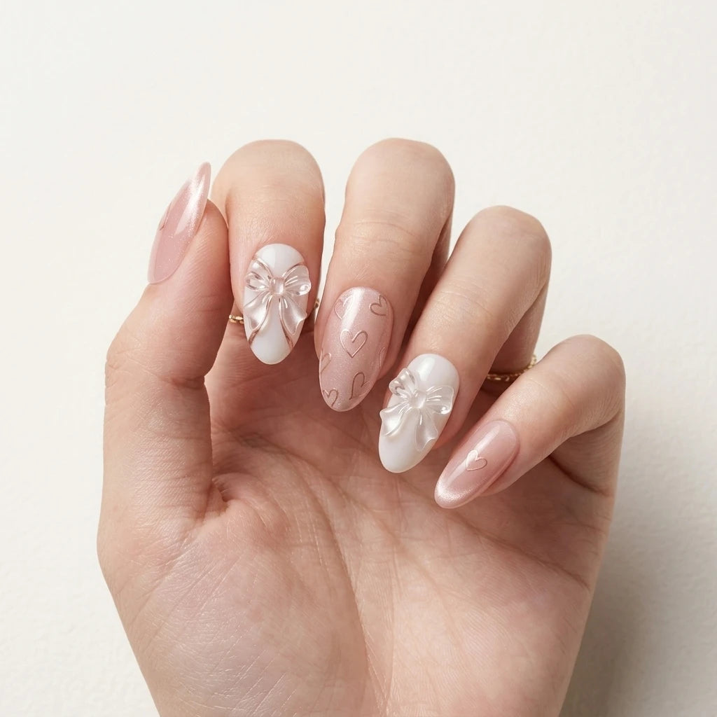 nude pink white 3d chrome almond press on nails ribbon bow heart lifestyle 03