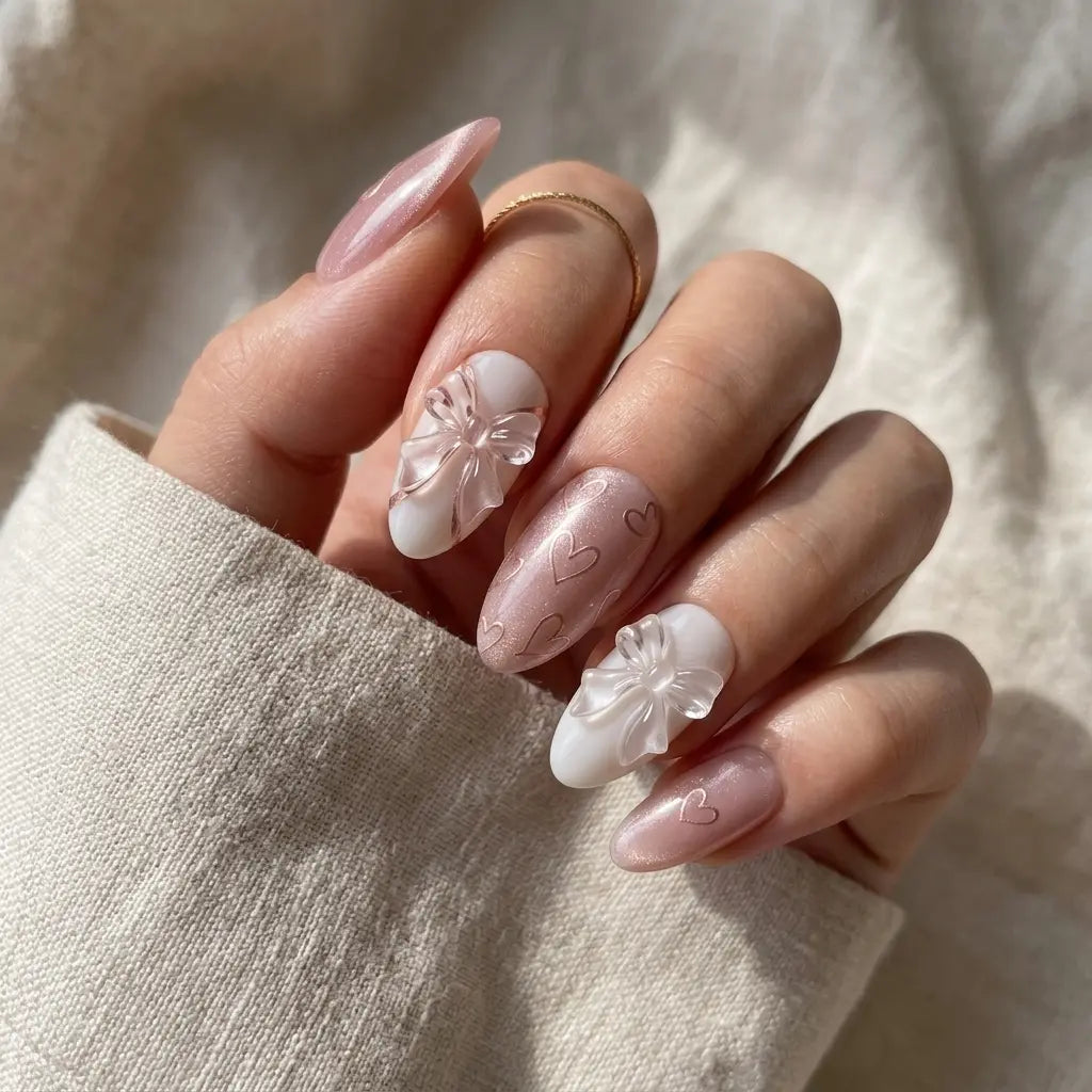 nude pink white 3d chrome almond press on nails ribbon bow heart mockup 02