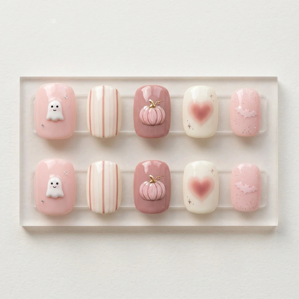 nude pink white 3d halloween square short press on nails gothic ghost bat detail 05