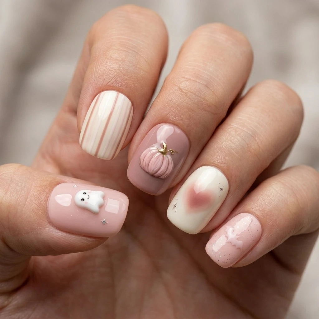 nude pink white 3d halloween square short press on nails gothic ghost bat lifestyle 03