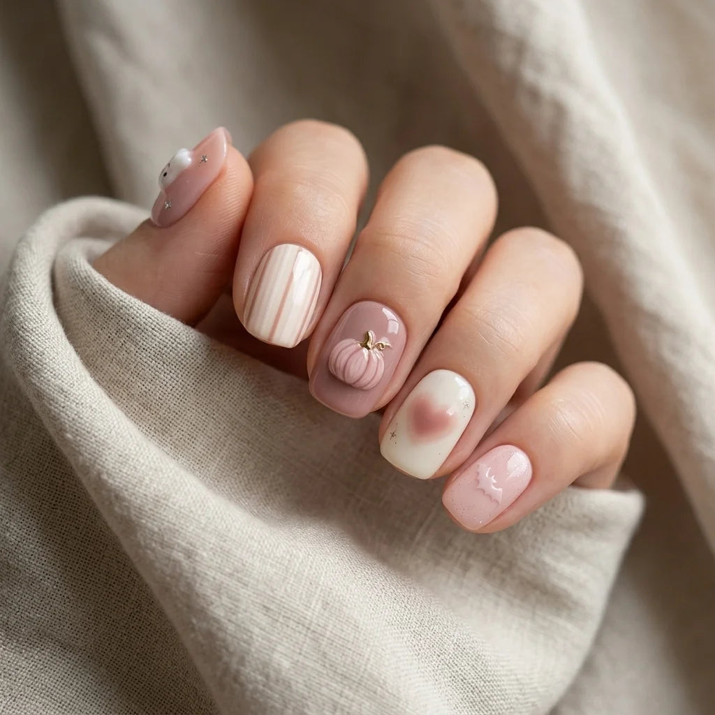 nude pink white 3d halloween square short press on nails gothic ghost bat mockup 02