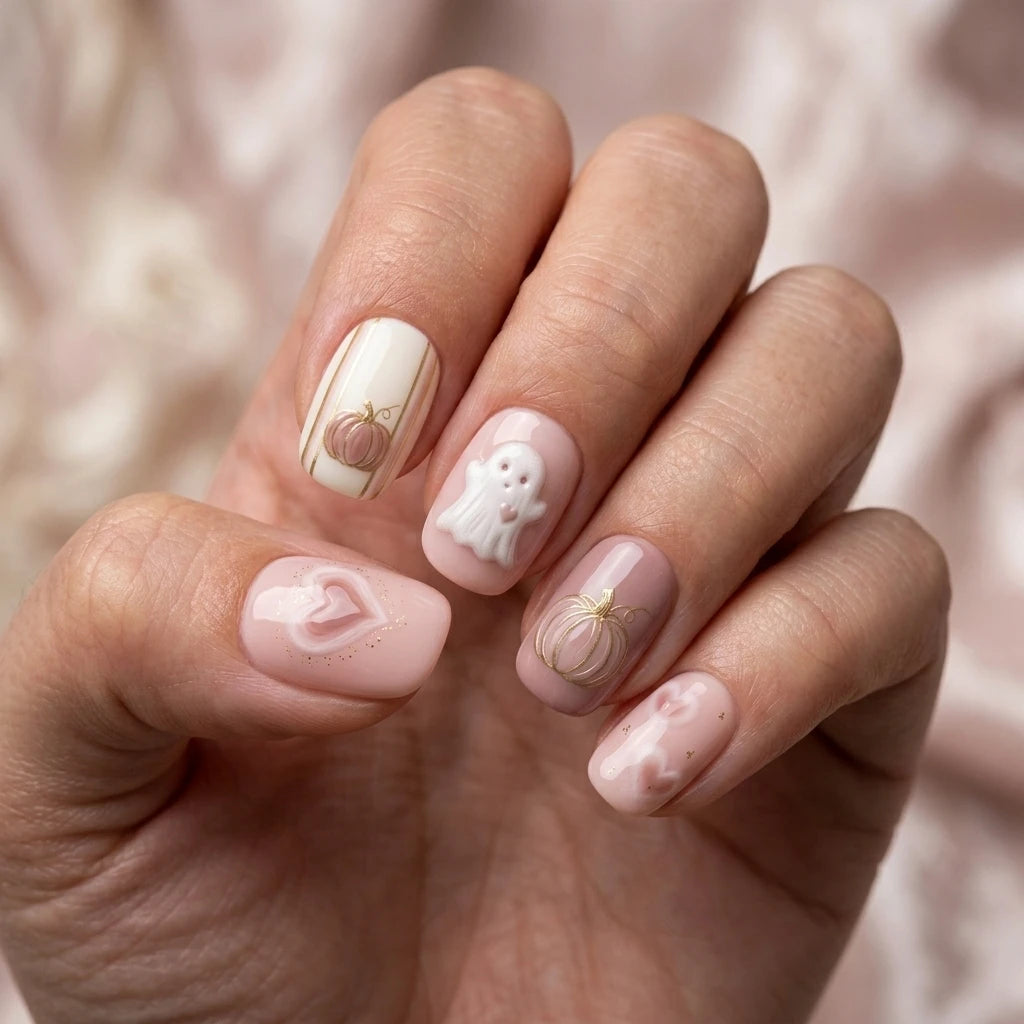 nude pink white 3d halloween square short press on nails gothic ghost heart detail 05