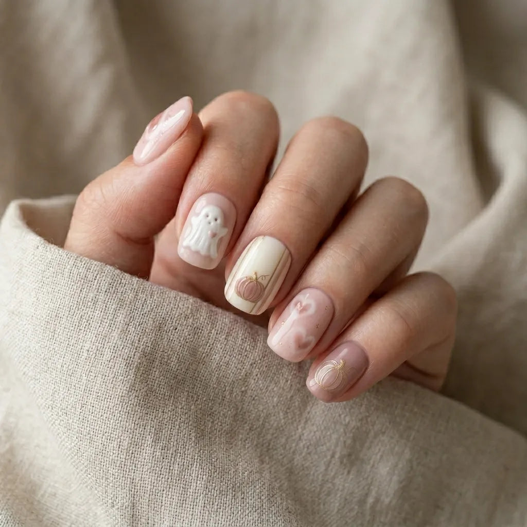 nude pink white 3d halloween square short press on nails gothic ghost heart mockup 01
