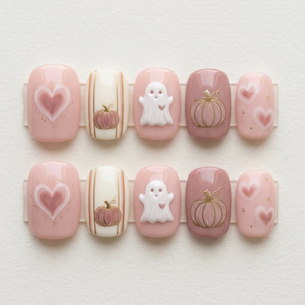nude pink white 3d halloween square short press on nails gothic ghost heart mockup 02