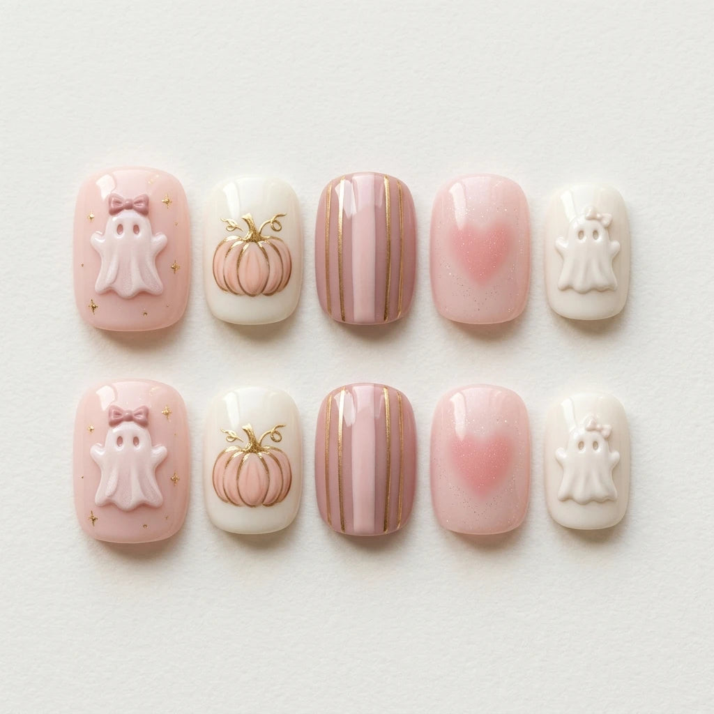 nude pink white 3d halloween square short press on nails gothic ghost pumpkin detail 04