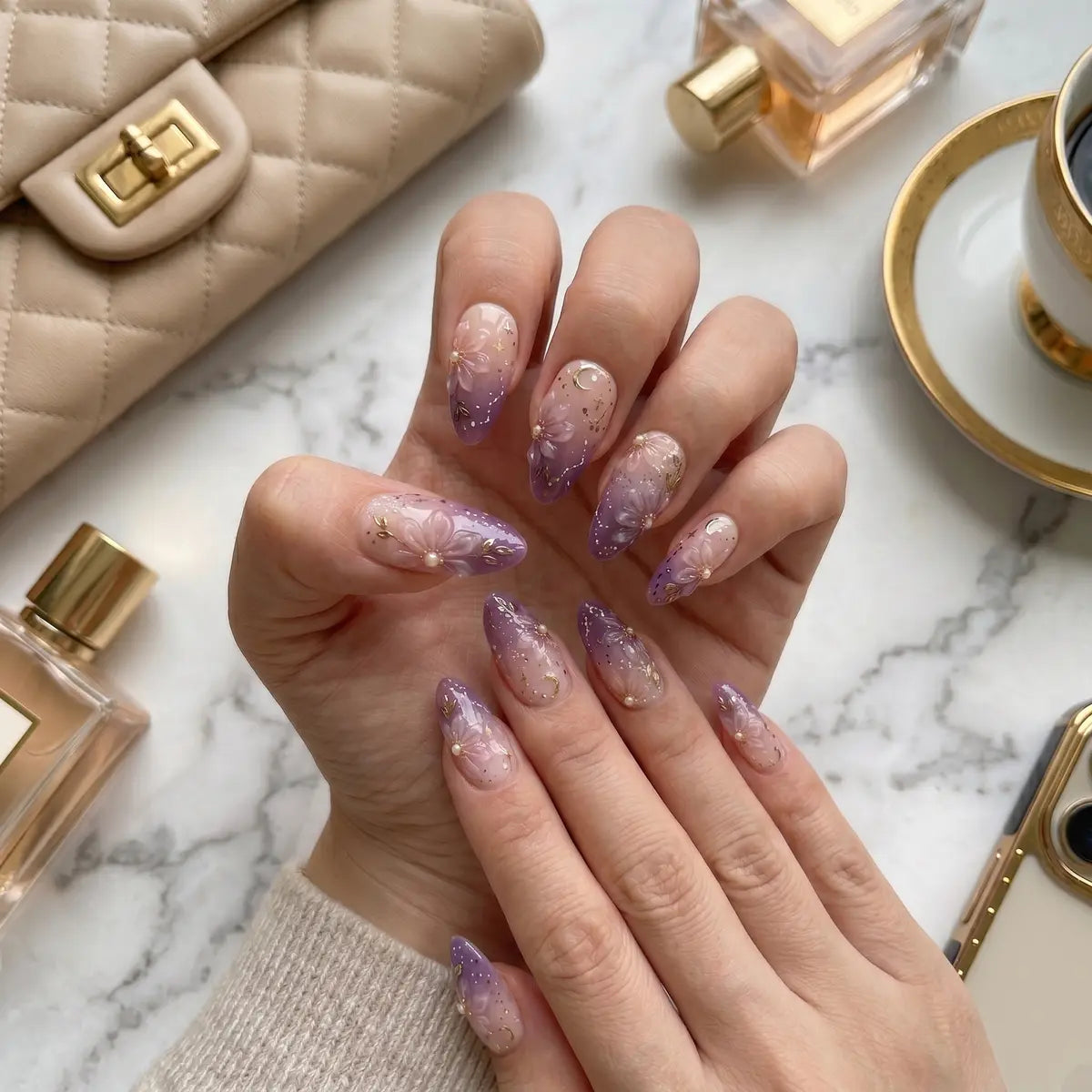 nude plum gold 3d ombre almond press on nails peony bloom celestial detail 03