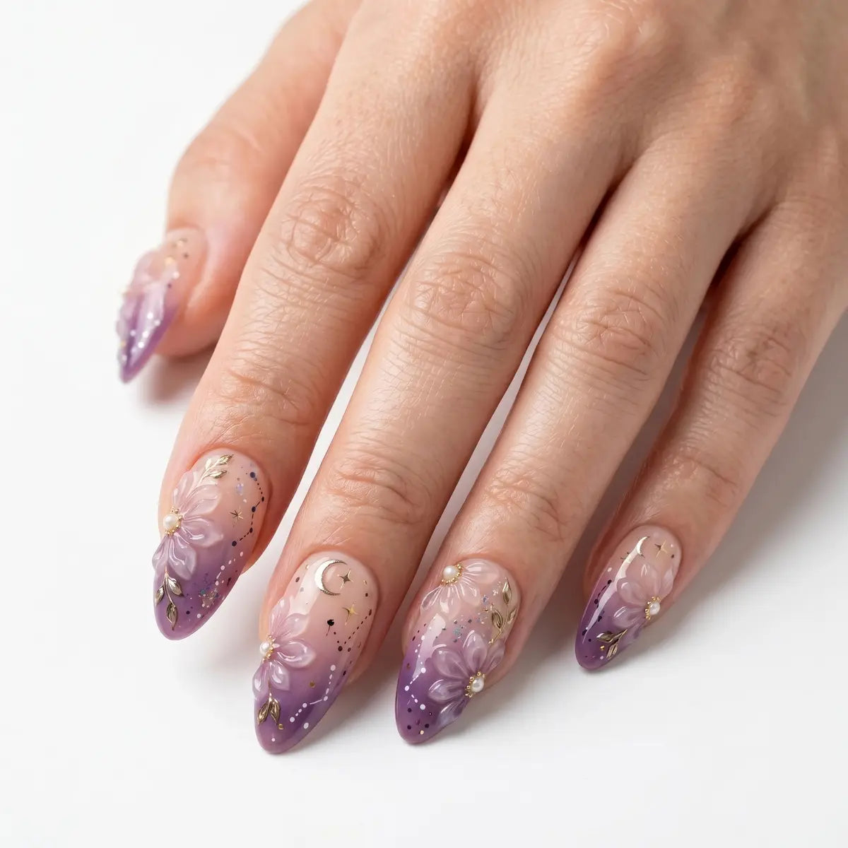 nude plum gold 3d ombre almond press on nails peony bloom celestial lifestyle 02