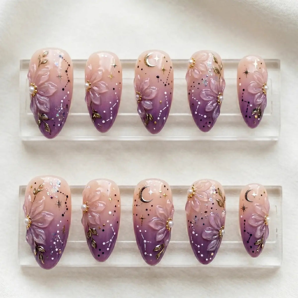 nude plum gold 3d ombre almond press on nails peony bloom celestial mockup 01