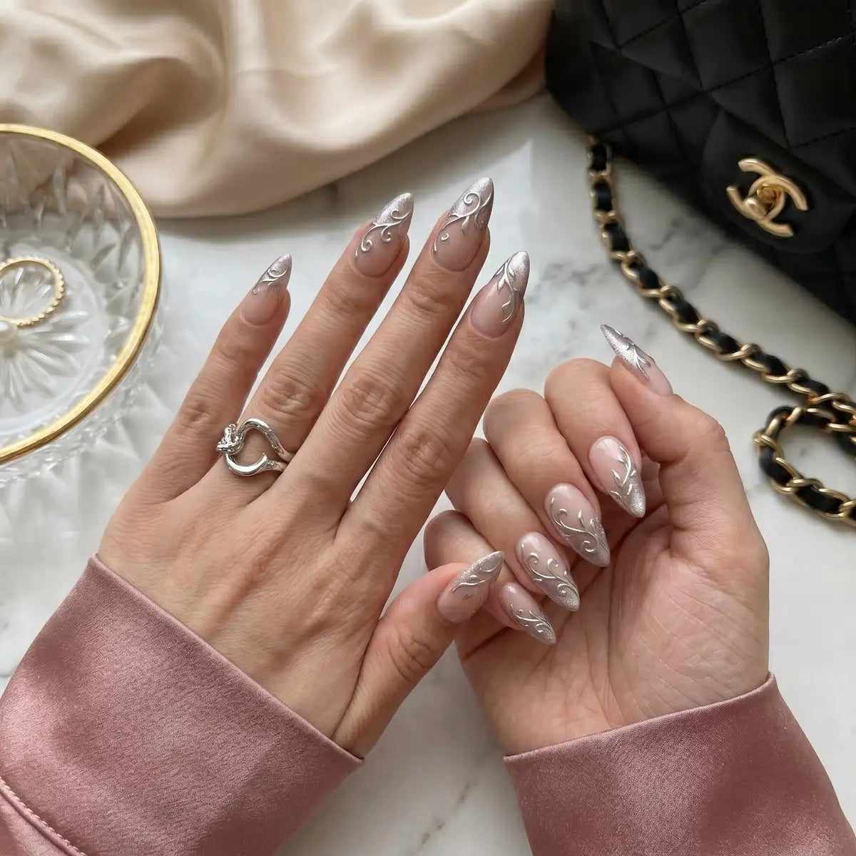nude purple french tip almond press on nails chrome swirl silver detail 03