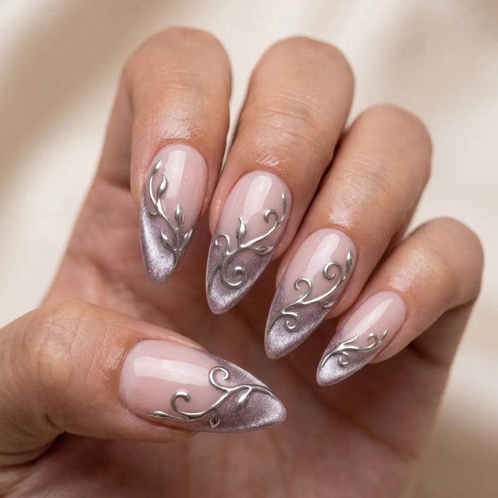 nude purple french tip almond press on nails chrome swirl silver lifestyle 02