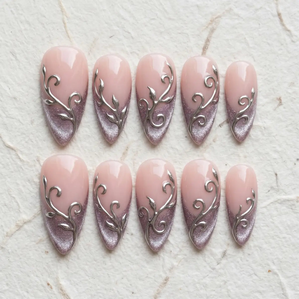 nude purple french tip almond press on nails chrome swirl silver mockup 01