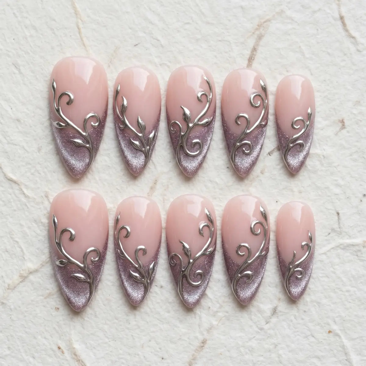 nude purple french tip almond press on nails chrome swirl silver mockup 01