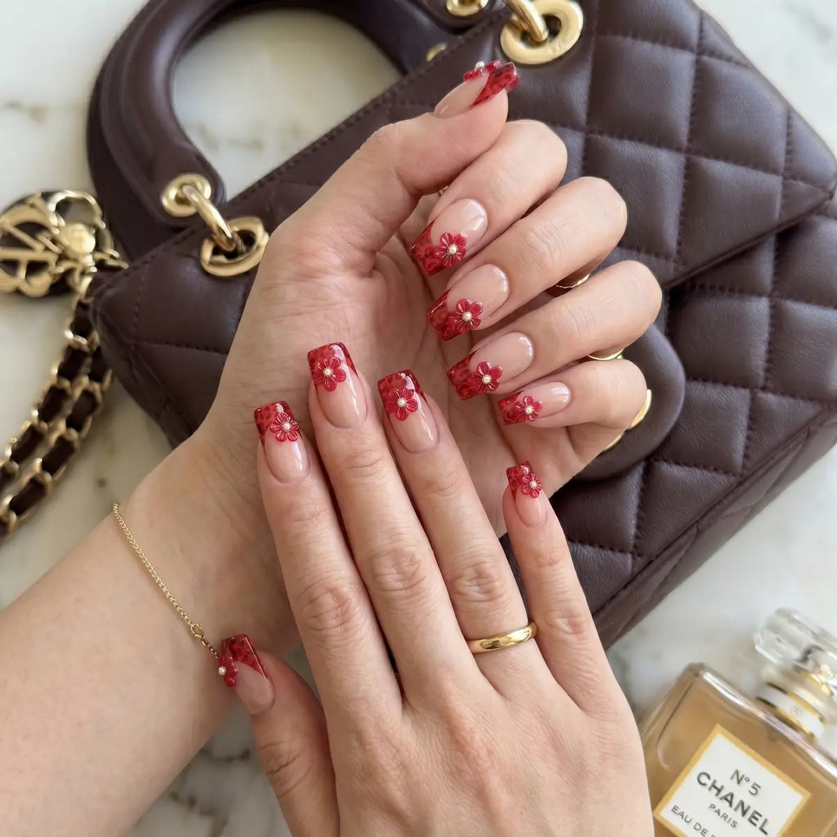 nude red 3d french tip square press on nails peony bloom leopard lifestyle 02