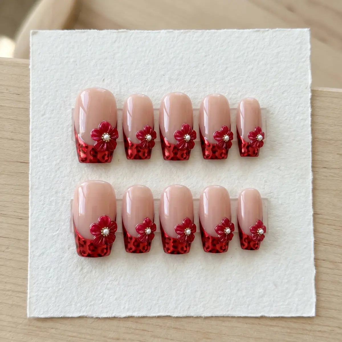 nude red 3d french tip square press on nails peony bloom leopard mockup 01