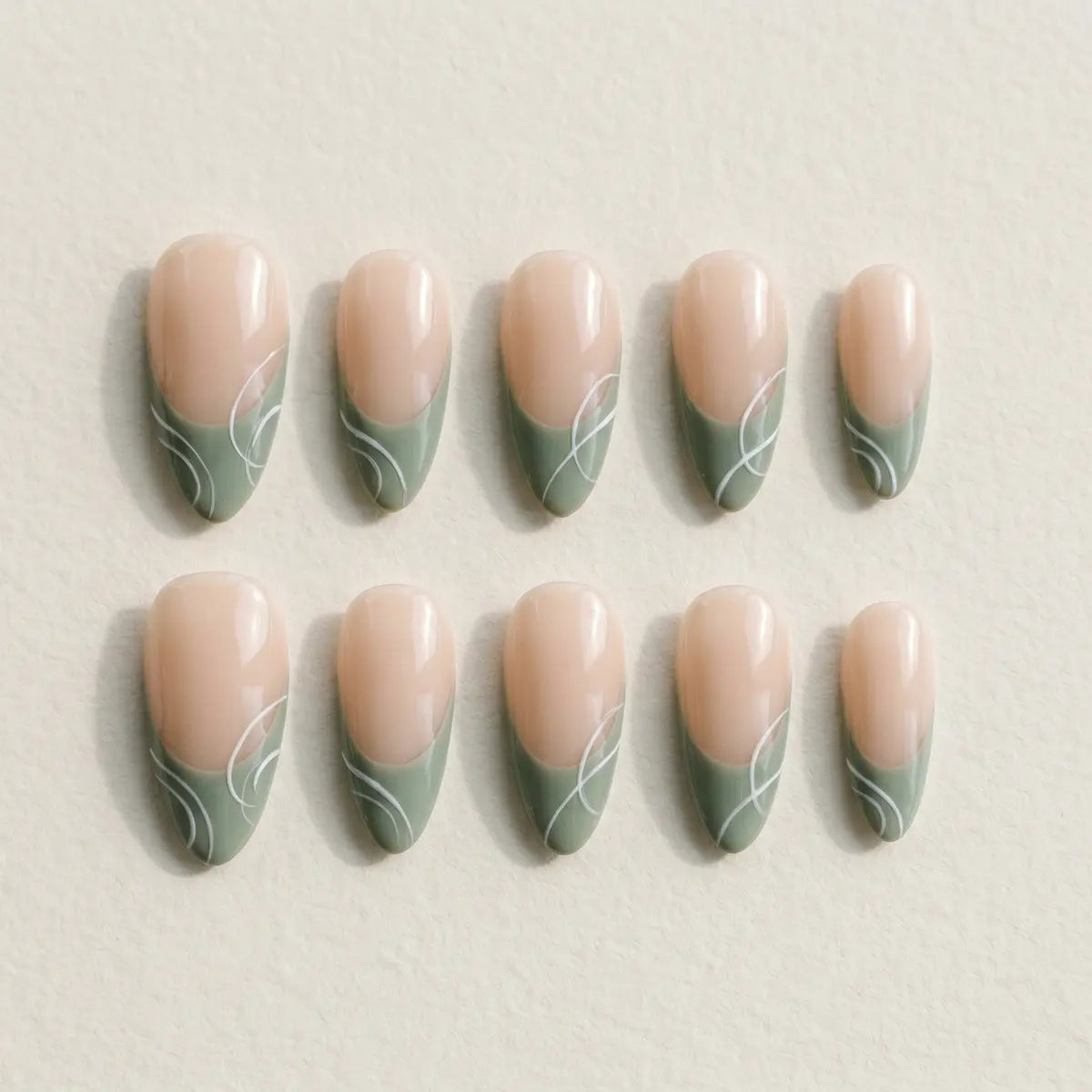 nude sage green french tip almond long press on nails white swirl mockup 01