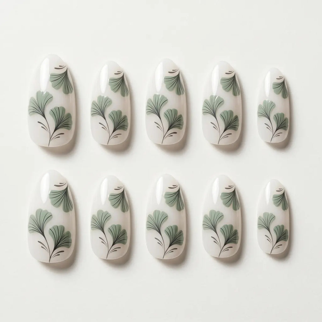 nude sage green hand painted almond press on nails leaf detail 03