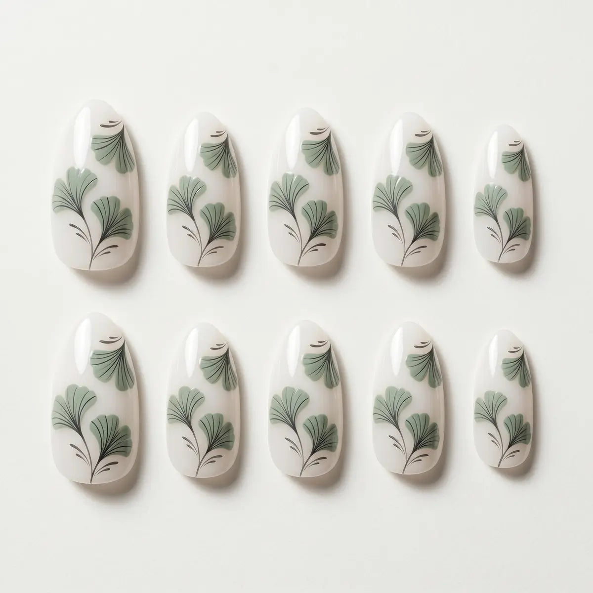nude sage green hand painted almond press on nails leaf detail 03