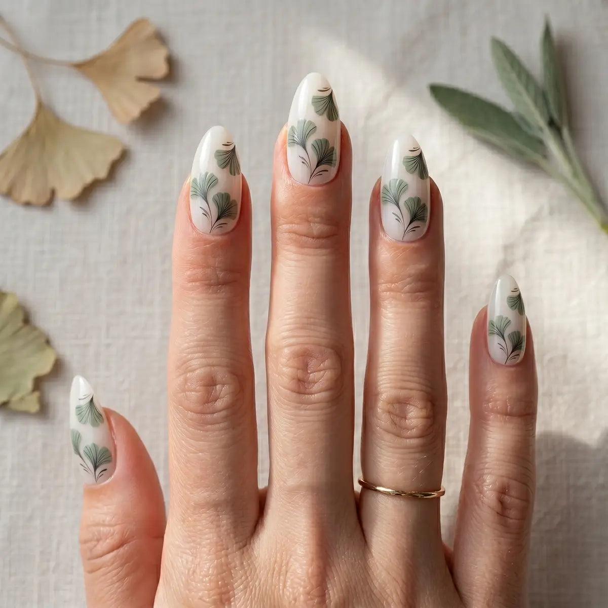 nude sage green hand painted almond press on nails leaf lifestyle 02