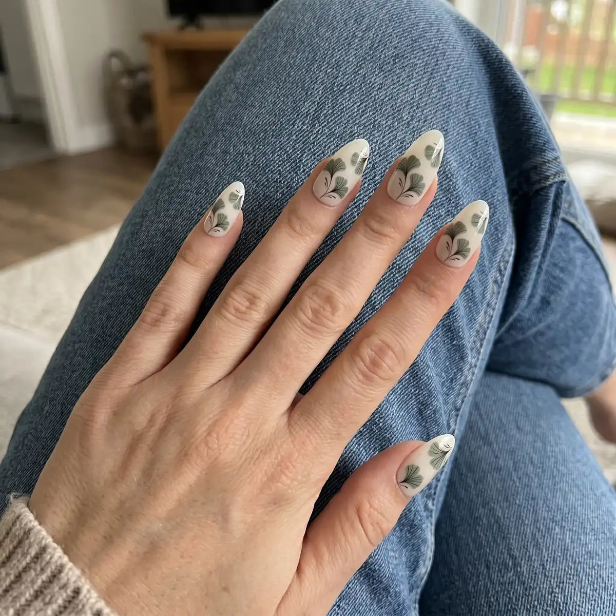 nude sage green hand painted almond press on nails leaf mockup 01