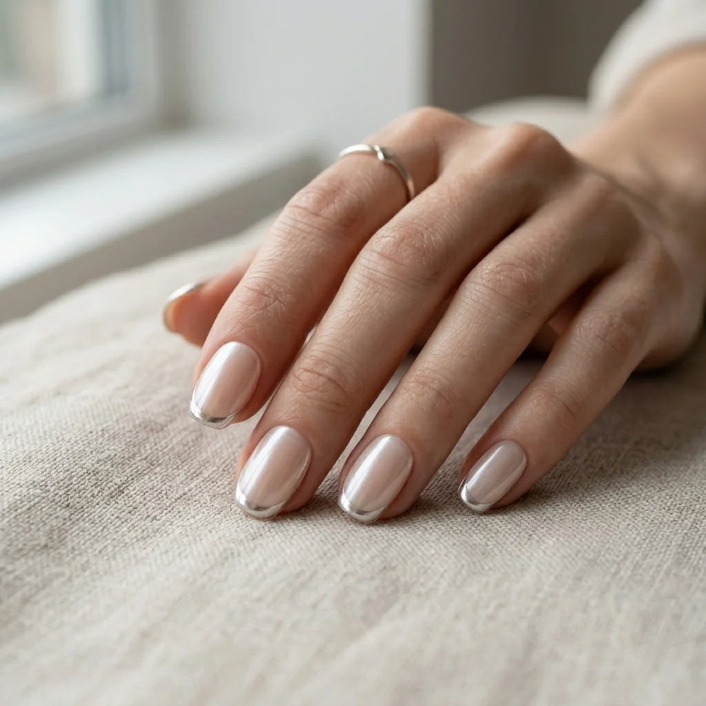 nude silver chrome french tip square press on nails detail 01