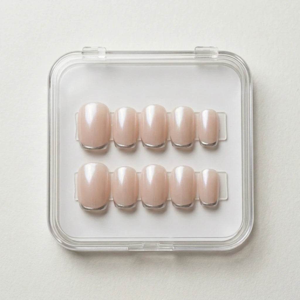 nude silver chrome french tip square press on nails lifestyle 01