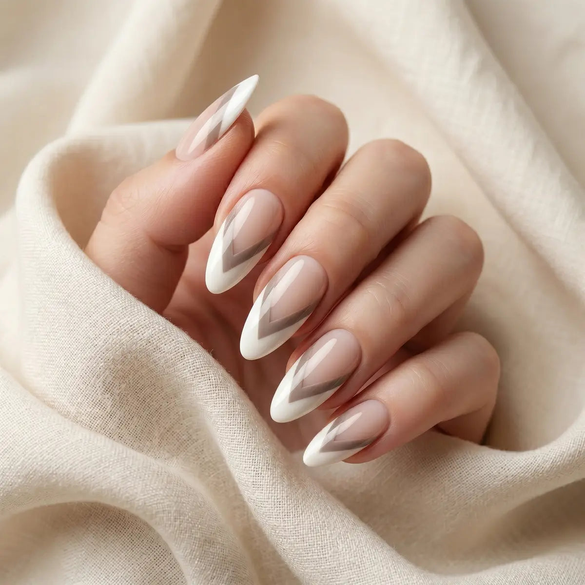 nude white brown french tip almond press on nails chevron detail 03