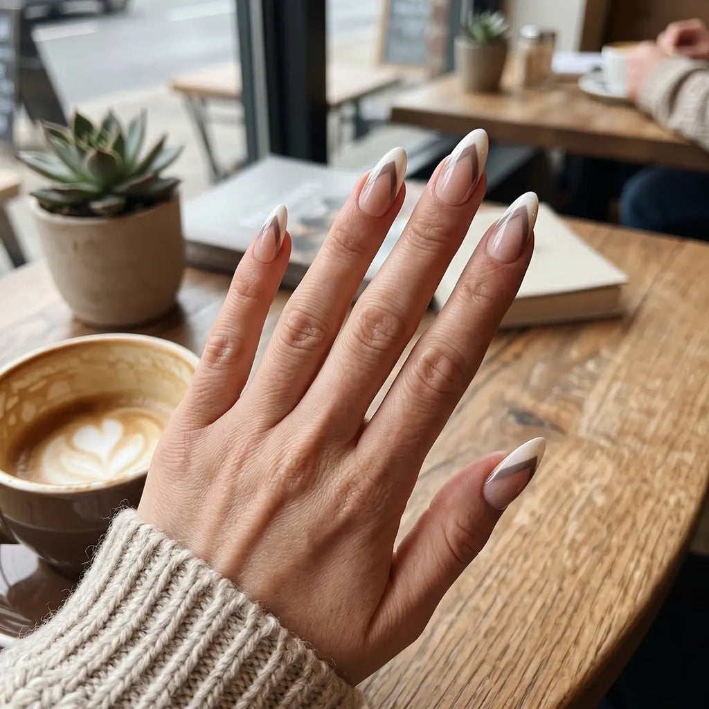 nude white brown french tip almond press on nails chevron flat lay 04