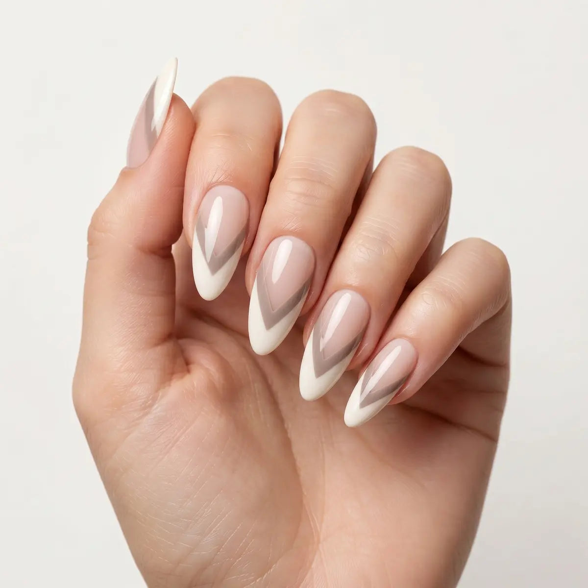 nude white brown french tip almond press on nails chevron lifestyle 02