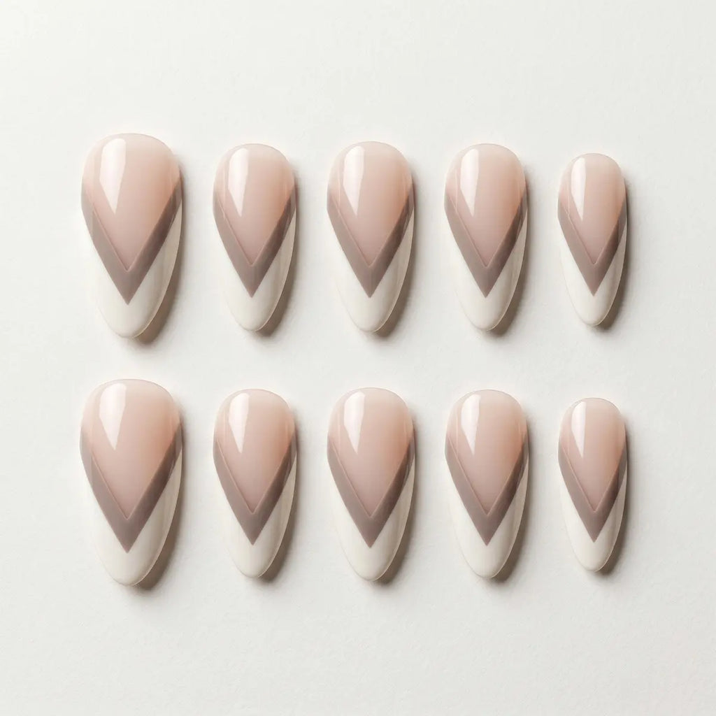nude white brown french tip almond press on nails chevron mockup 05