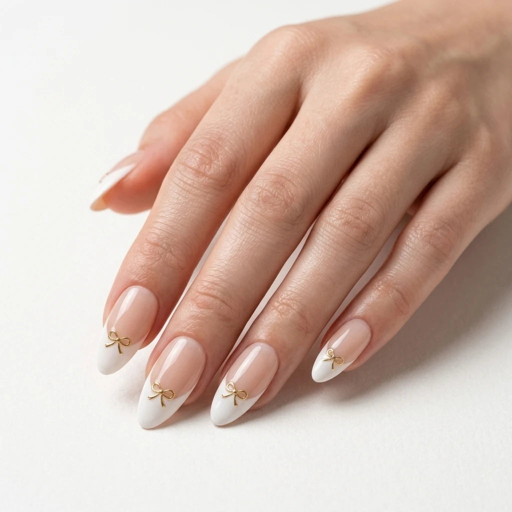 nude white french tip almond press on nails gold ribbon bow mockup 01