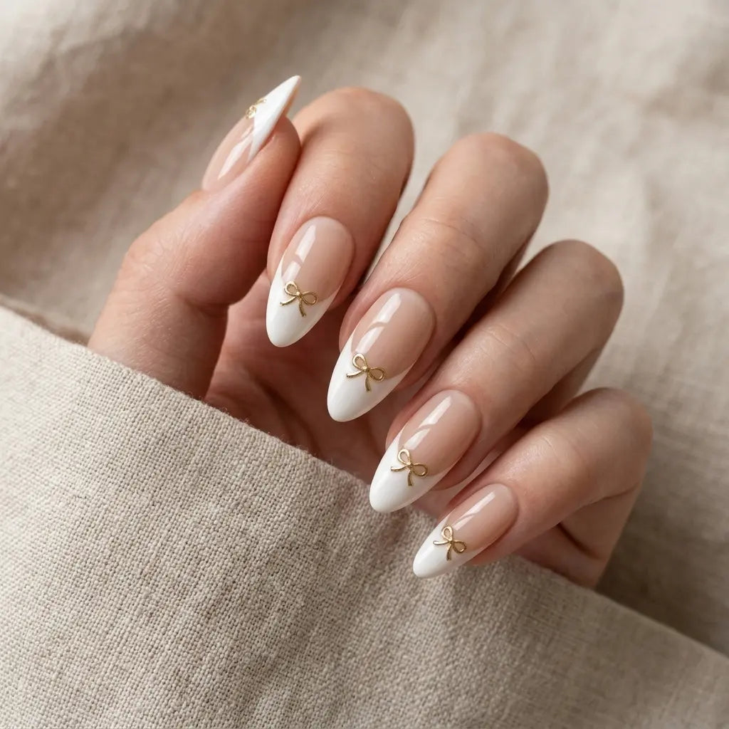 nude white french tip almond press on nails gold ribbon bow mockup 02