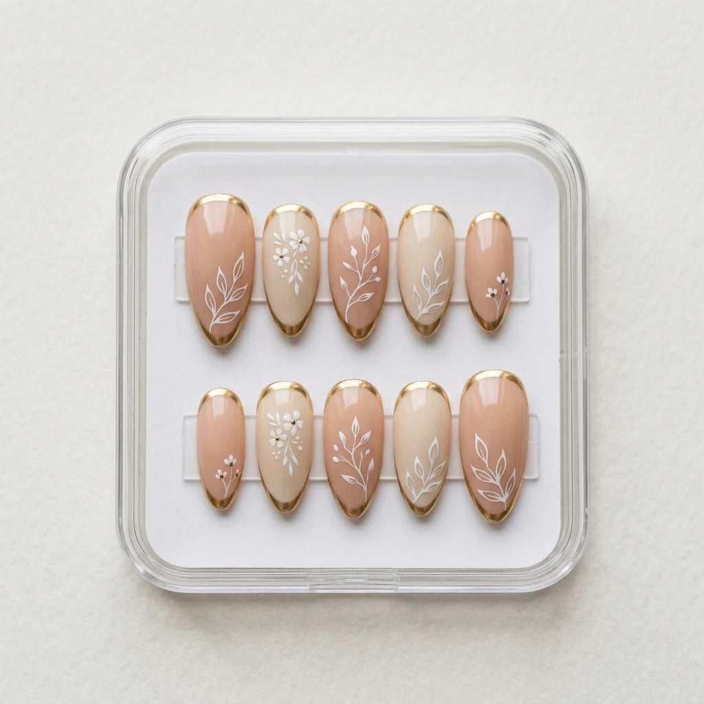 nude white gold french tip almond press on nails botanical flower detail 01