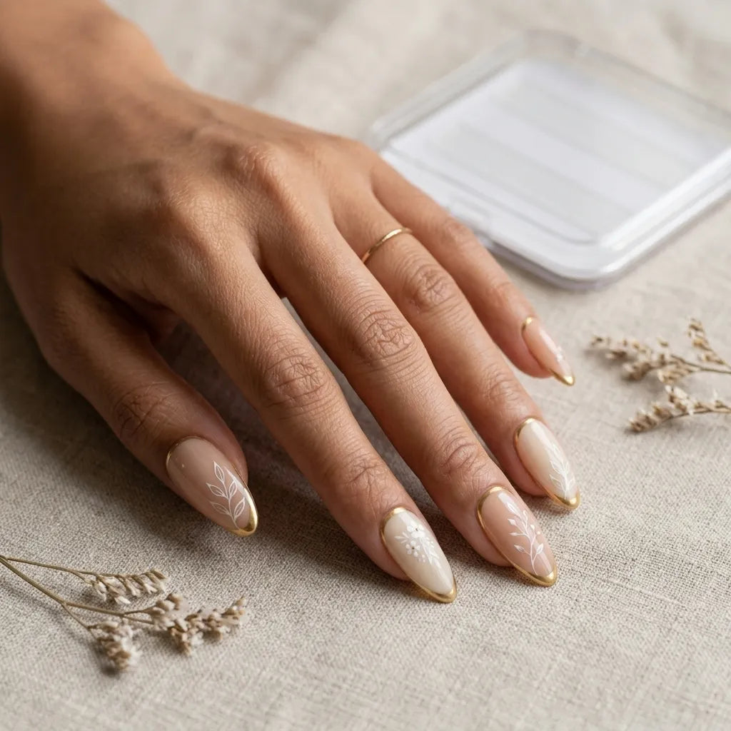 nude white gold french tip almond press on nails botanical flower mockup 02