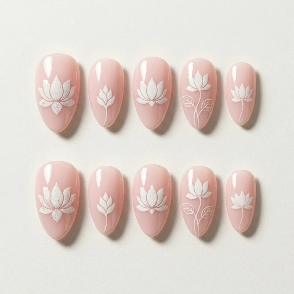nude white hand painted almond press on nails lotus flower leaf flat lay 01