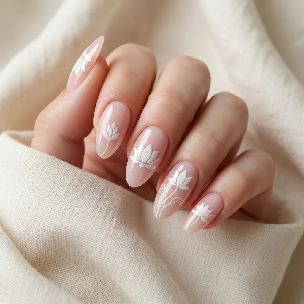 nude white hand painted almond press on nails lotus flower leaf lifestyle 01