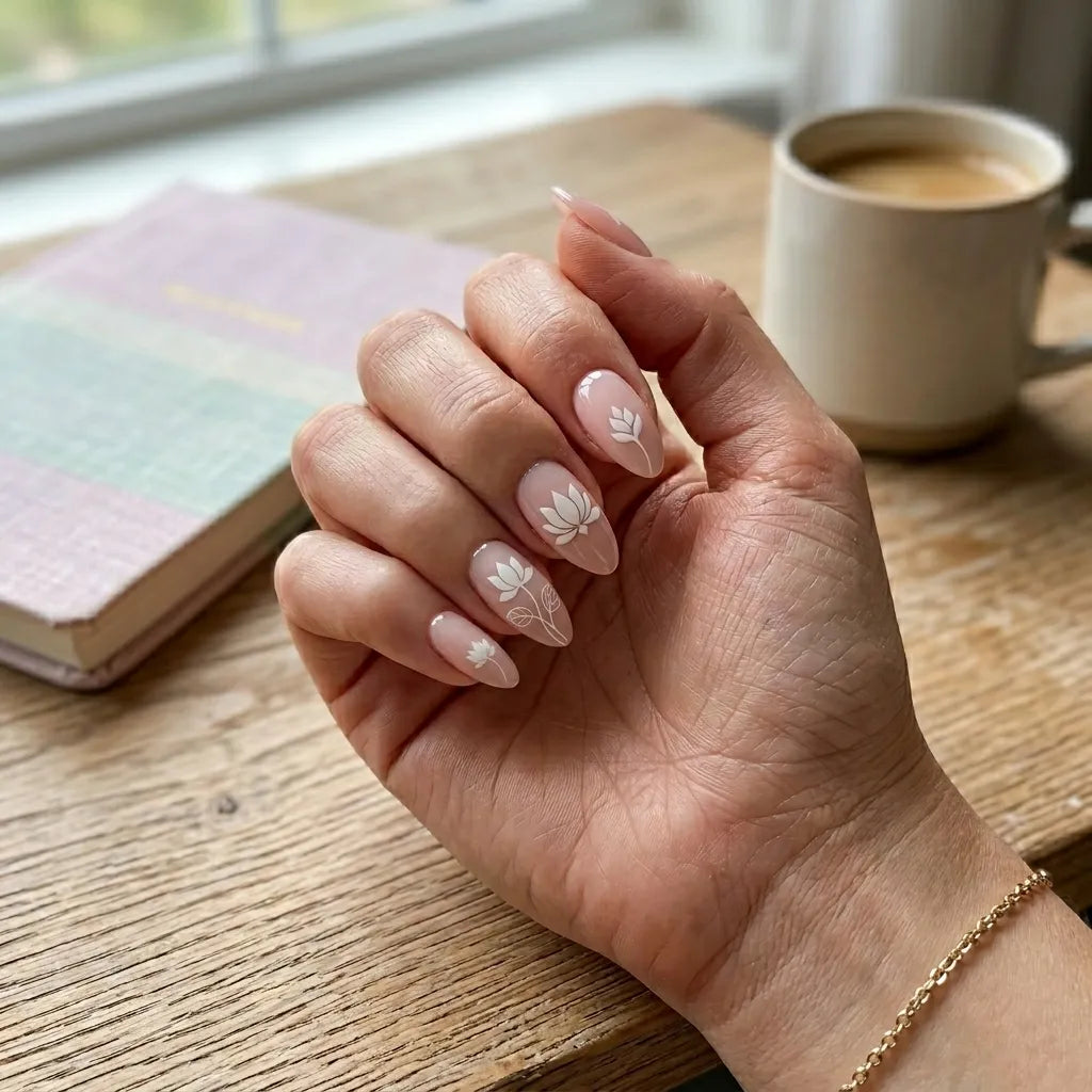 nude white hand painted almond press on nails lotus flower leaf lifestyle 02