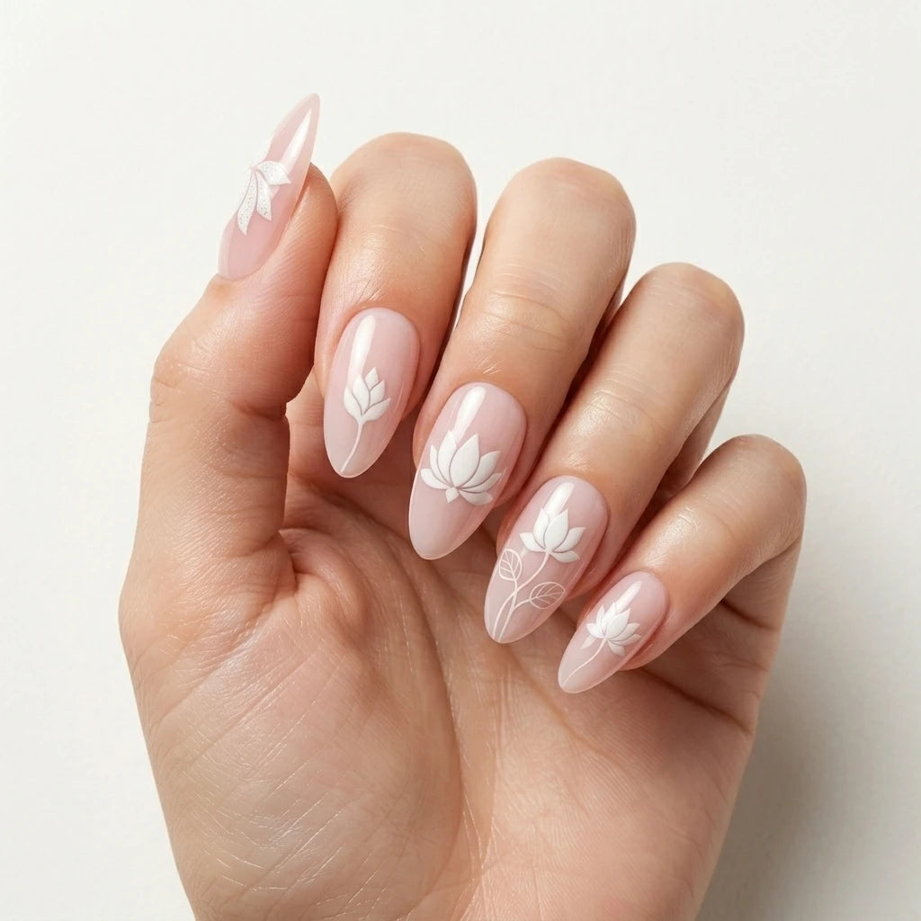 nude white hand painted almond press on nails lotus flower leaf mockup 01