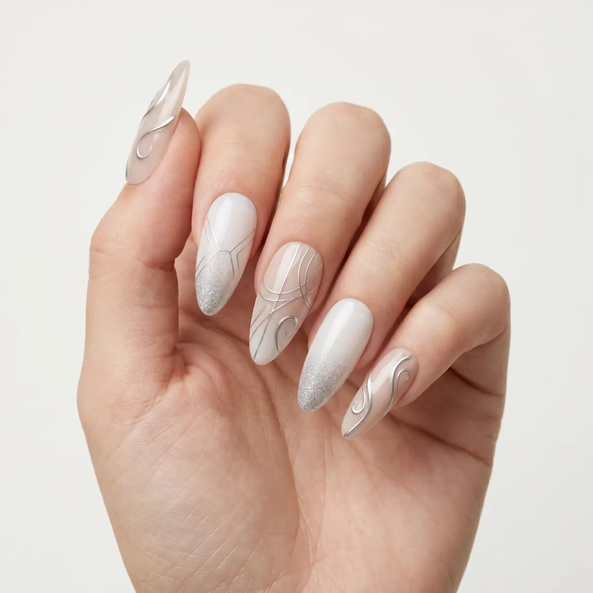 nude white hand painted almond press on nails silver swirl glitter detail 03